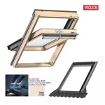 Kit de ventana giratoria manual, acabado en madera interior. Incluye ventana, cerco de estanqueidad y cortina de oscurecimiento en tono beige.